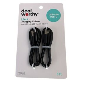 Deal Worthy 2 Pack USB-A to USB-C Charging Cables 3ft Black‎ BCA023C2BLK NEW